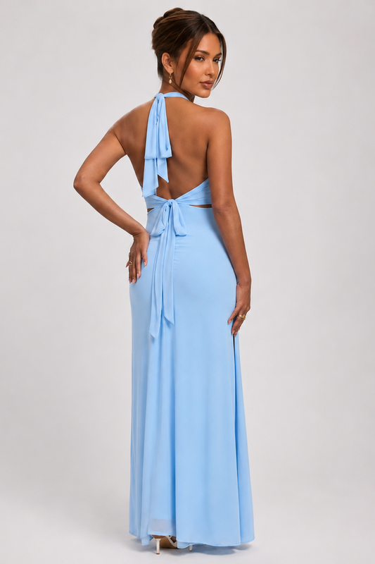 Maternity Maxi Dress – Halter Neck Backless Pregnancy Dress With Side Slit