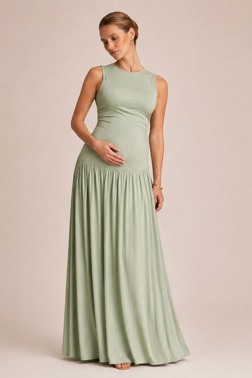 Maternity Maxi Dress – Sleeveless Round Neck Pleated Pregnancy Dress