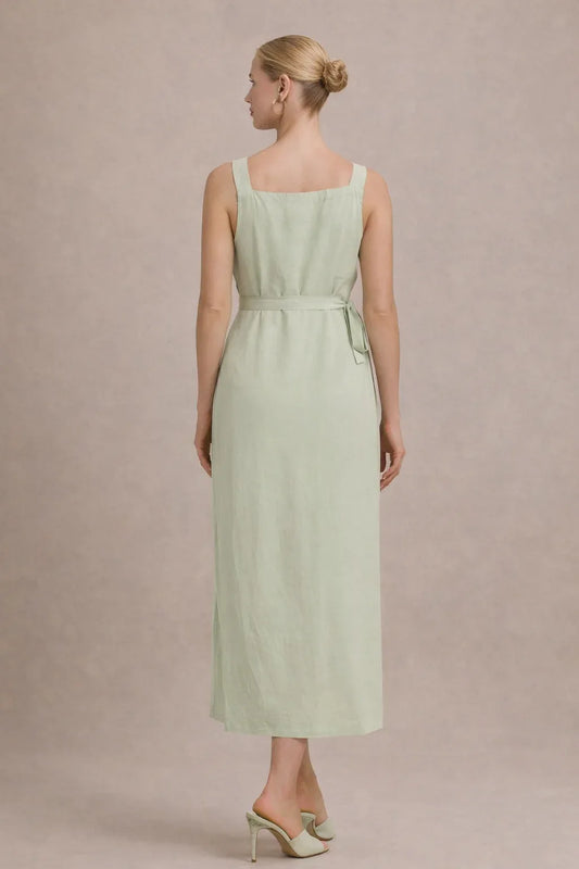 Maternity Midi Dress – Sleeveless Empire Waist Pregnancy Dress with Tie Waist