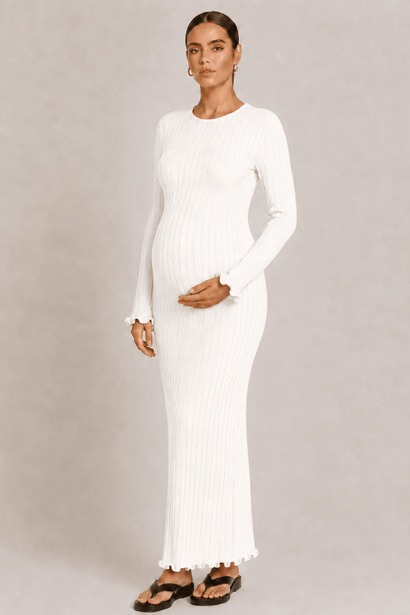 Maternity Knit Dress Long Sleeve Round Neck Ribbed Maxi Pregnancy Dress