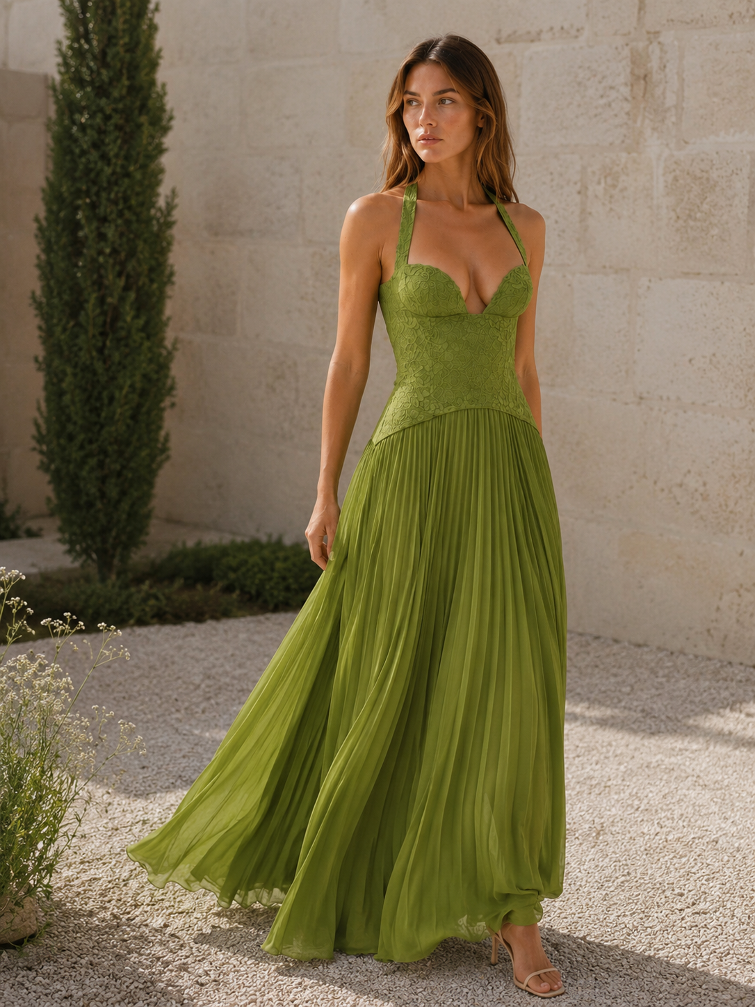 Estelle | Anteross Wedding Guest Lace Bodice Maxi Dress with Pleated Skirt