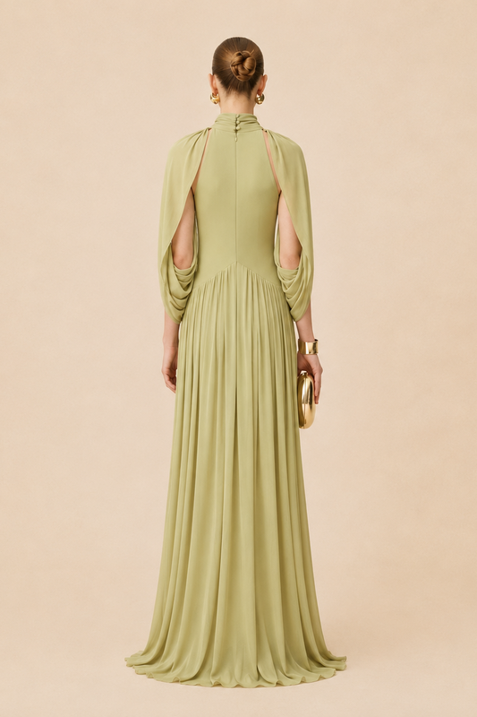 Sage Green Maternity Maxi Dress – Pleated High Neck Draped Cape Sleeve Knit Pregnancy Dress