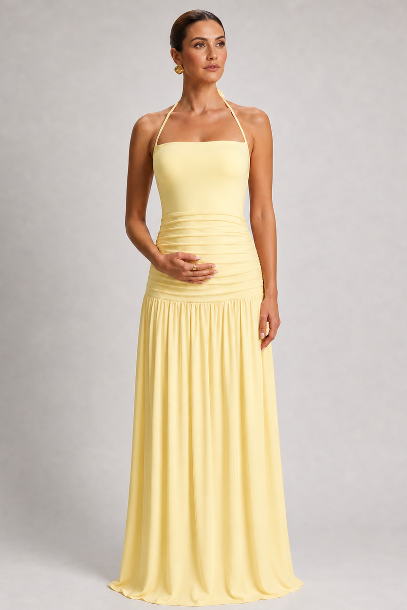 Maternity Maxi Dress – Halter Sleeveless Pregnancy Dress with Pleated Long Skirt
