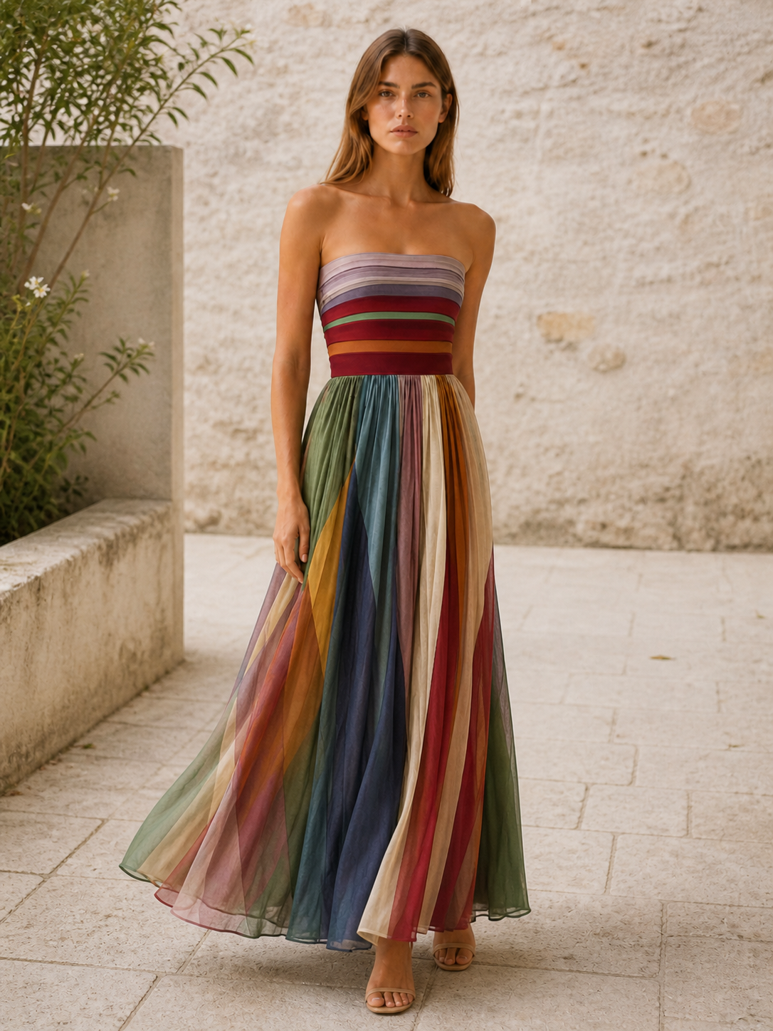 Seraphine | Anteross Wedding Guest Strapless Maxi Dress with Pleated Skirt