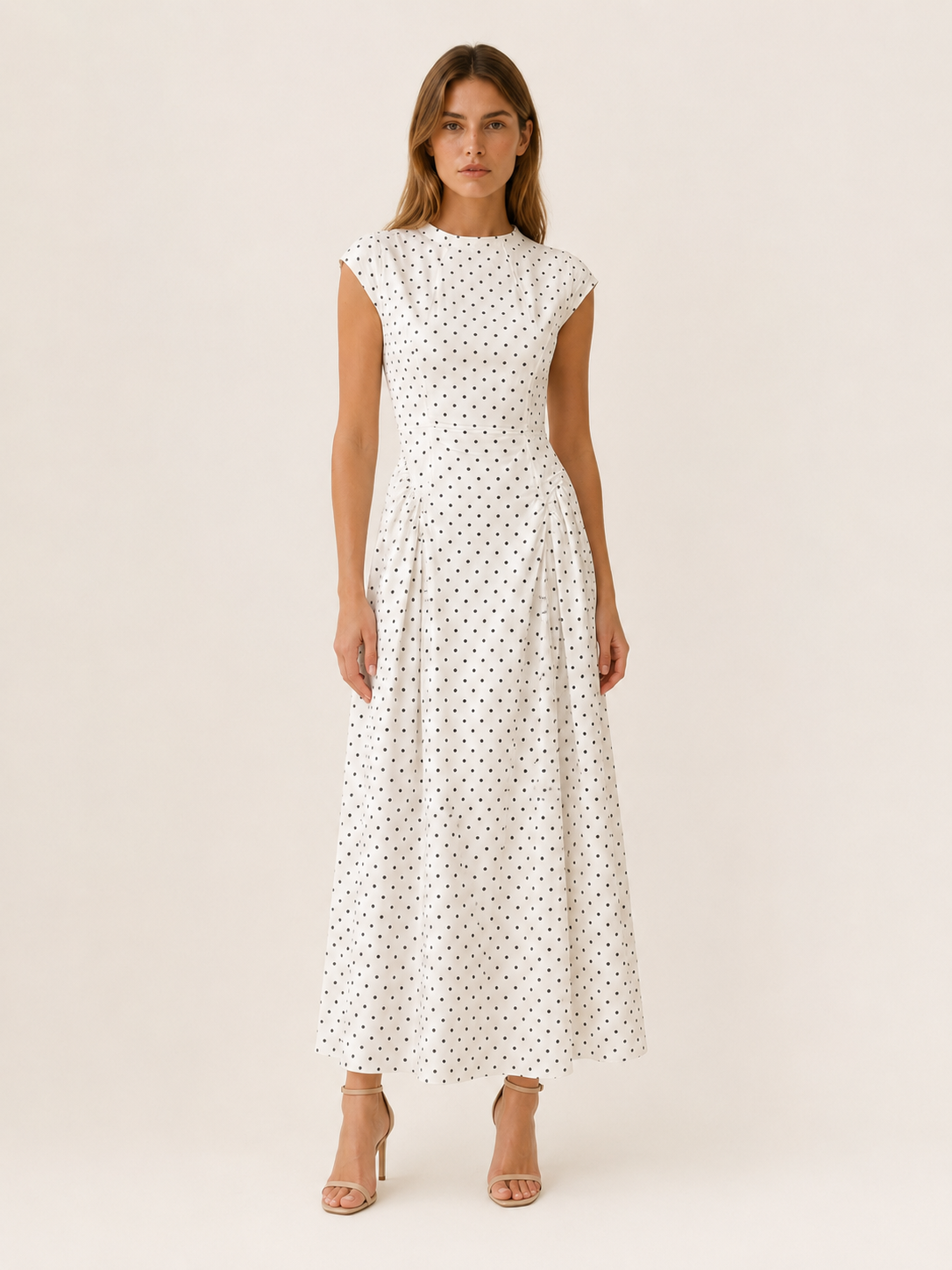 Wedding Guest Polka Dot Maxi Dress with Cap Sleeves