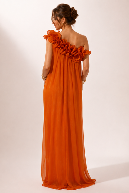 Orange Maternity Maxi Dress with One Shoulder Ruffle Detail – Baby Shower Pregnancy Dress