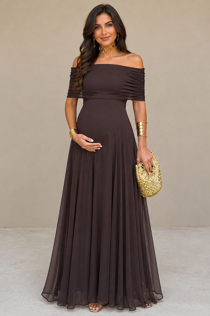Off Shoulder Maternity Maxi Dress – Elegant Pregnancy Dress for Baby Shower & Wedding Guest