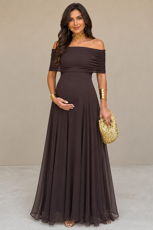 Off Shoulder Maternity Maxi Dress – Elegant Pregnancy Dress for Baby Shower & Wedding Guest
