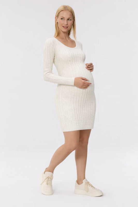 Maternity Dress for Women - White Cable Knit Long Sleeve Open Back Sweater Mini Dress