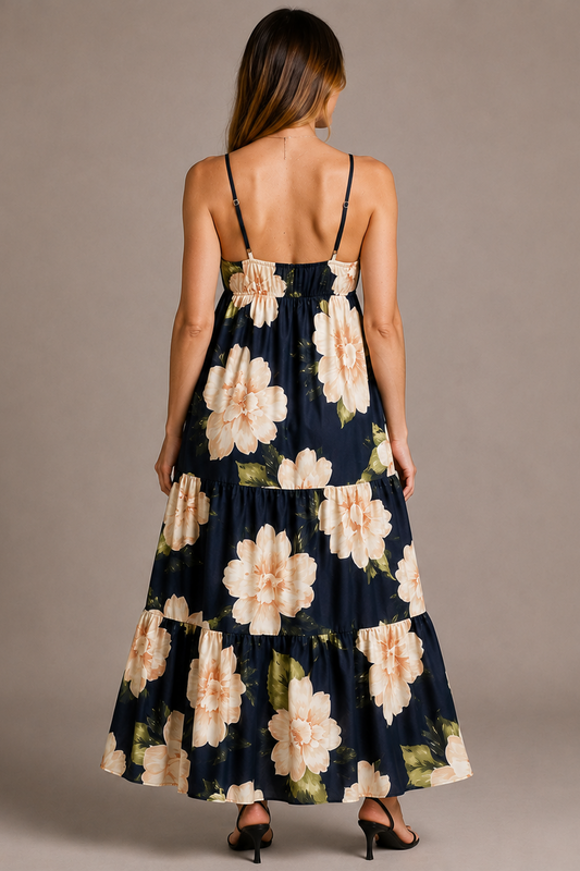 Floral Maternity Maxi Dress – Sleeveless V-Neck Empire Waist Pregnancy Dress with Open Back