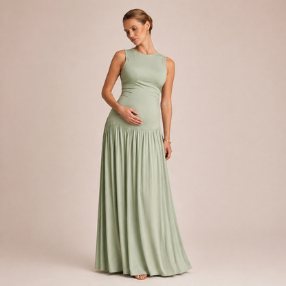 Maternity Maxi Dress – Sleeveless Round Neck Pleated Pregnancy Dress
