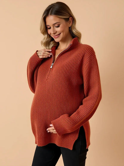 Anteross | Maternity Zip Sweater – Loose Fit High Neck Pullover