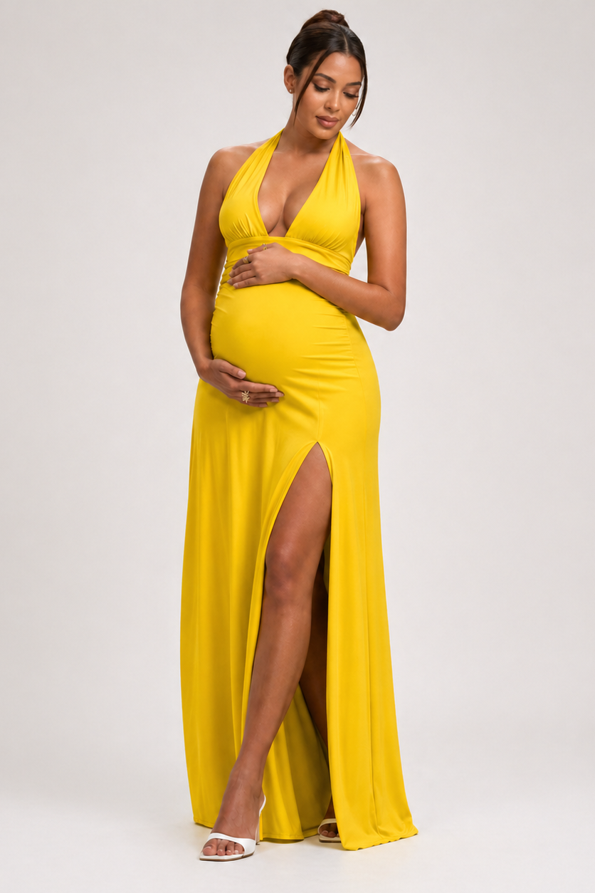 Maternity Maxi Dress – Halter Neck Backless Pregnancy Dress With Side Slit