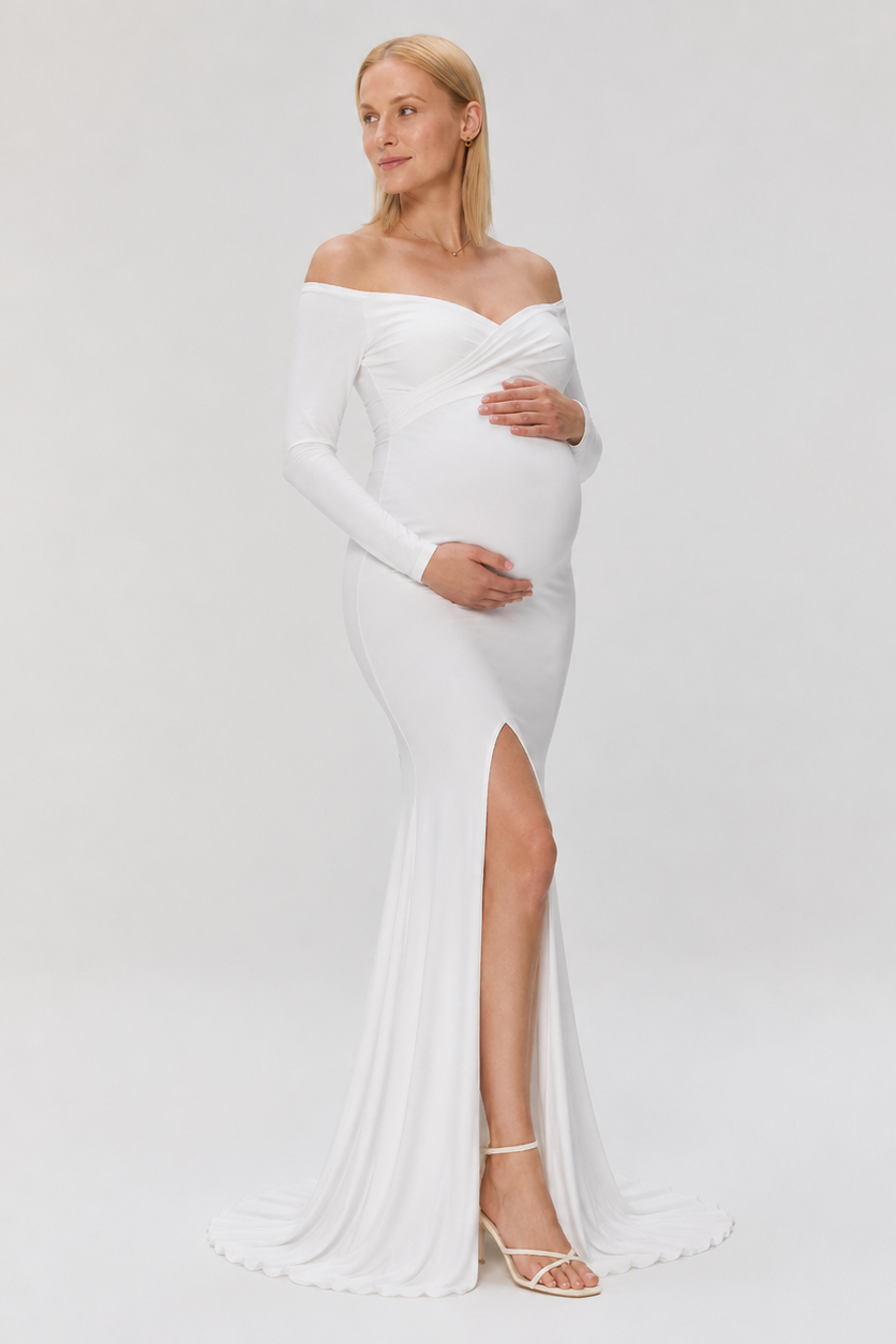 White Maternity Photoshoot Dress - Off Shoulder Long Sleeve Pregnancy Gown with Slit