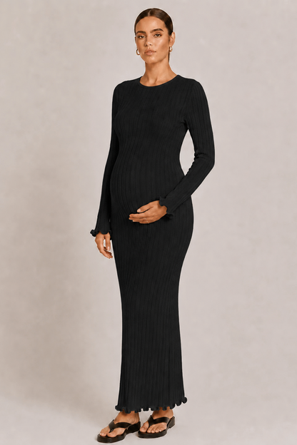 Maternity Knit Dress Long Sleeve Round Neck Ribbed Maxi Pregnancy Dress