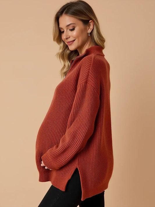 Anteross | Maternity Zip Sweater – Loose Fit High Neck Pullover