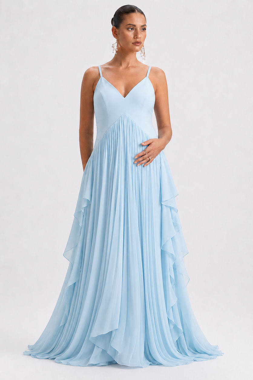Light Blue Maternity Maxi Dress - Pleated Sleeveless V-Neck Pregnancy Dress