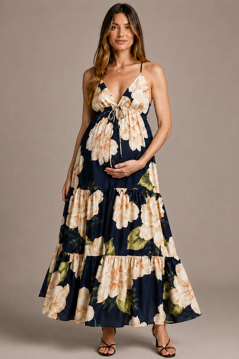 Floral Maternity Maxi Dress – Sleeveless V-Neck Empire Waist Pregnancy Dress with Open Back
