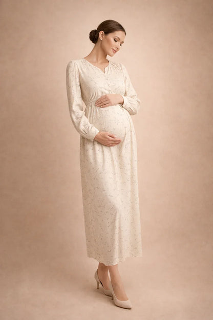 Maternity Maxi Dress – Long Sleeve Floral Pregnancy Dress, Empire Waist