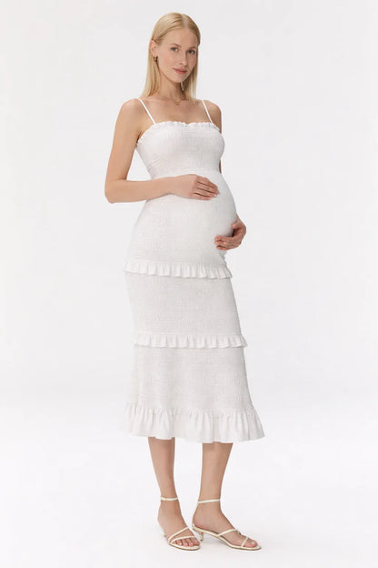 Maternity Dress for Baby Shower - Smocked Fitted Midi Dress for Women