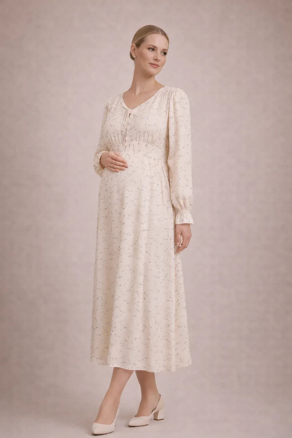 Maternity Maxi Dress – Long Sleeve Floral Pregnancy Dress, Empire Waist