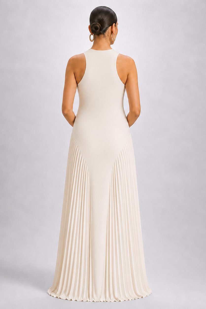 Apricot Maternity Maxi Dress - Sleeveless Pleated Round Neck Pregnancy Dress