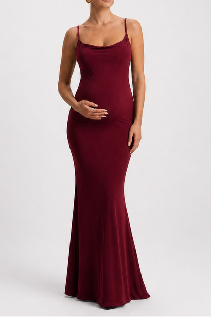 Maternity Dress – Backless Cowl Neck Lace Pregnancy Maxi Dress for Baby Shower in Black & Wine Red