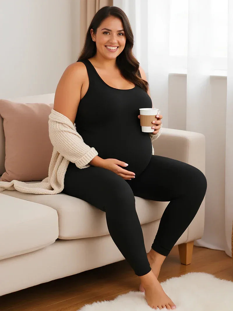 Maternity Sleeveless Jumpsuit – Stretch Crewneck Full Length Pregnancy Outfit
