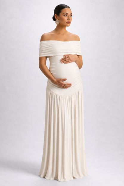 Maternity Maxi Dress – Off Shoulder Pregnancy Dress with Flowing A-Line Skirt