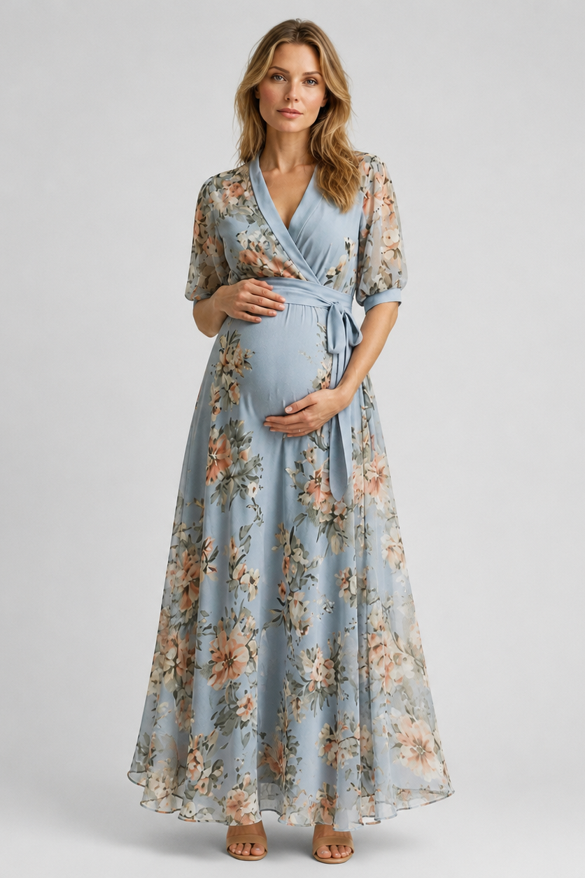 Blue Floral Maternity Maxi Dress for Baby Shower, Wedding Guest & Occasionwear