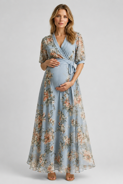 Blue Floral Maternity Maxi Dress for Baby Shower, Wedding Guest & Occasionwear