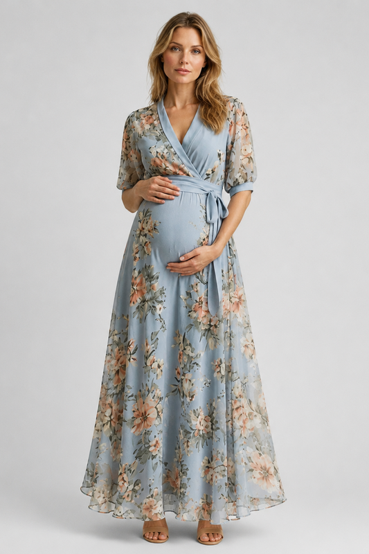 Blue Floral Maternity Maxi Dress for Baby Shower, Wedding Guest & Occasionwear