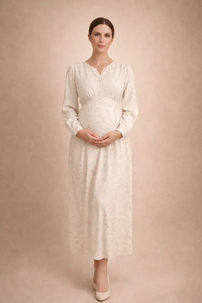 Maternity Maxi Dress – Long Sleeve Floral Pregnancy Dress, Empire Waist