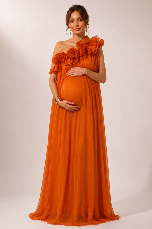 Orange Maternity Maxi Dress with One Shoulder Ruffle Detail – Baby Shower Pregnancy Dress