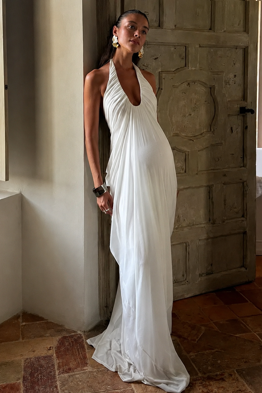 White Maternity Maxi Dress – Halter Neck Open Back Flowing Pregnancy Dress