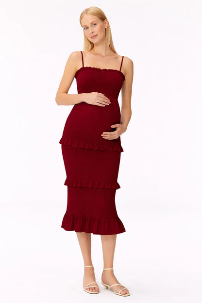 Maternity Dress for Baby Shower - Smocked Fitted Midi Dress for Women