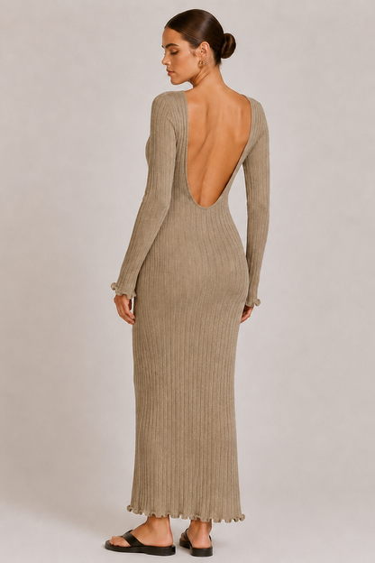 Maternity Knit Dress Long Sleeve Round Neck Ribbed Maxi Pregnancy Dress