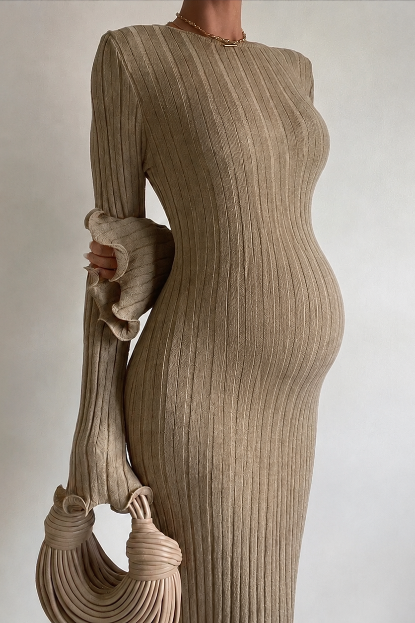 Maternity Knit Dress Long Sleeve Round Neck Ribbed Maxi Pregnancy Dress
