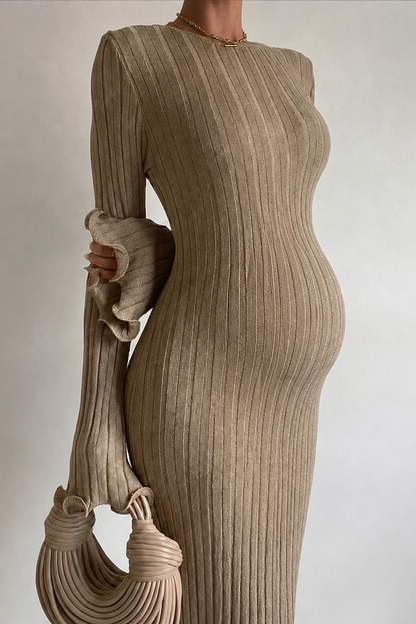 Maternity Knit Dress Long Sleeve Round Neck Ribbed Maxi Pregnancy Dress