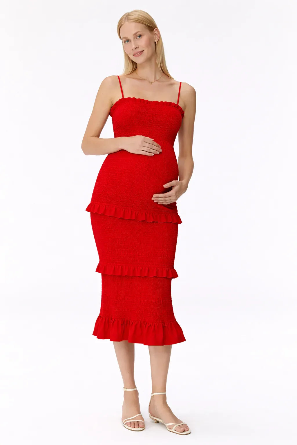 Maternity Dress for Baby Shower - Smocked Fitted Midi Dress for Women