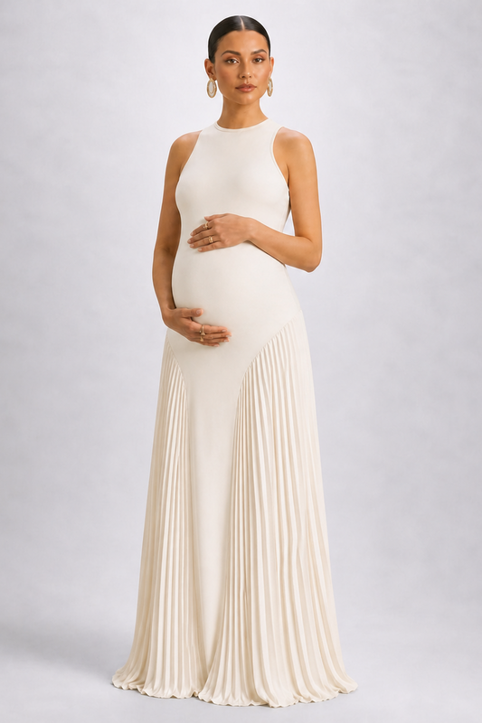 Apricot Maternity Maxi Dress - Sleeveless Pleated Round Neck Pregnancy Dress