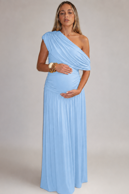 Maternity Maxi Dress – One Shoulder Asymmetric Neckline Ruched Prenatal Dress