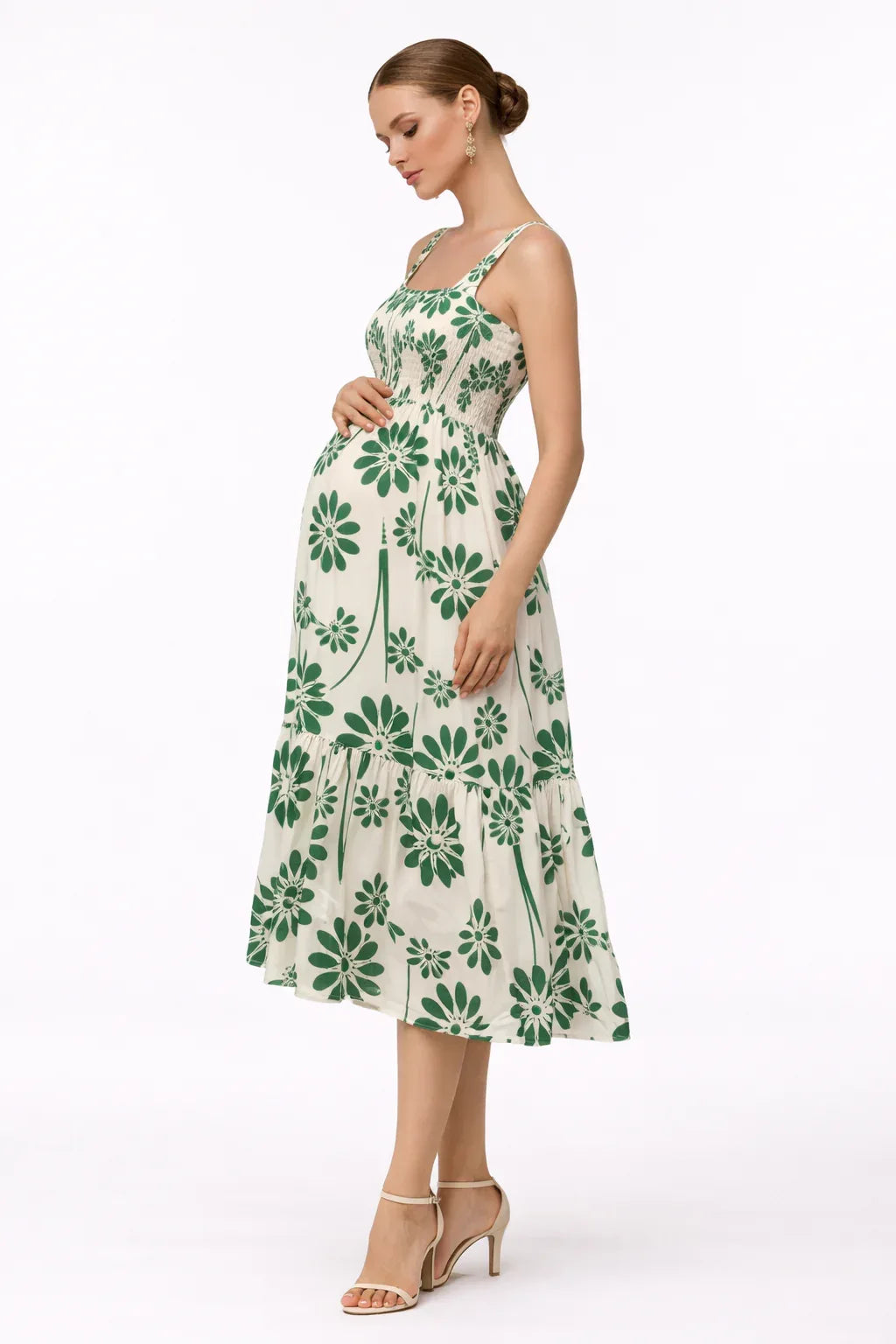 Maternity Dress for Women - White Green Floral Sleeveless Midi Dress for Baby Shower