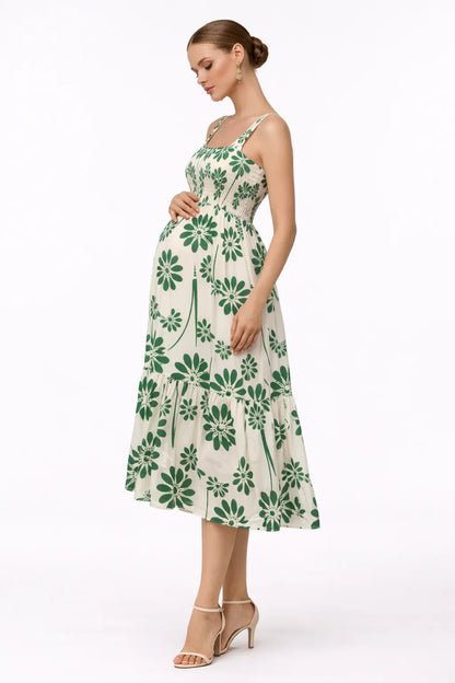 Maternity Dress for Women - White Green Floral Sleeveless Midi Dress for Baby Shower