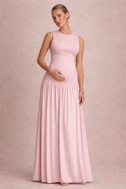 Maternity Maxi Dress – Sleeveless Round Neck Pleated Pregnancy Dress