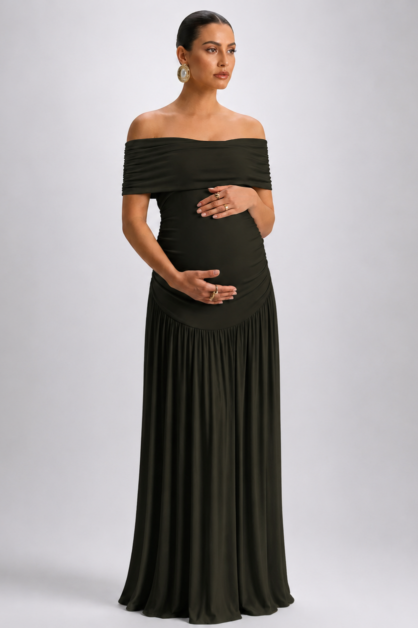 Maternity Maxi Dress – Off Shoulder Pregnancy Dress with Flowing A-Line Skirt