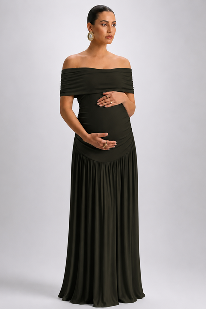 Maternity Maxi Dress – Off Shoulder Pregnancy Dress with Flowing A-Line Skirt