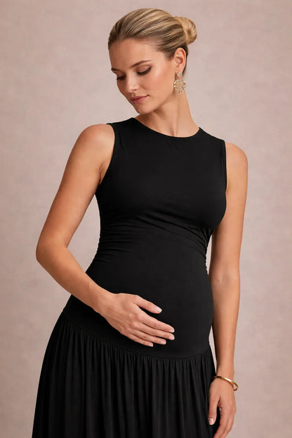 Maternity Maxi Dress – Sleeveless Round Neck Pleated Pregnancy Dress