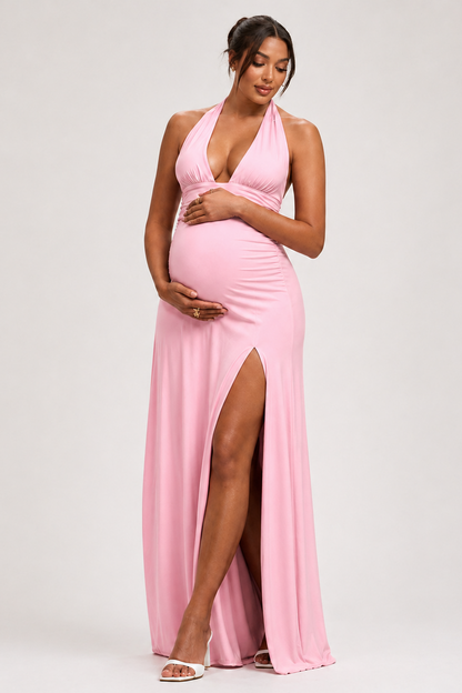 Maternity Maxi Dress – Halter Neck Backless Pregnancy Dress With Side Slit
