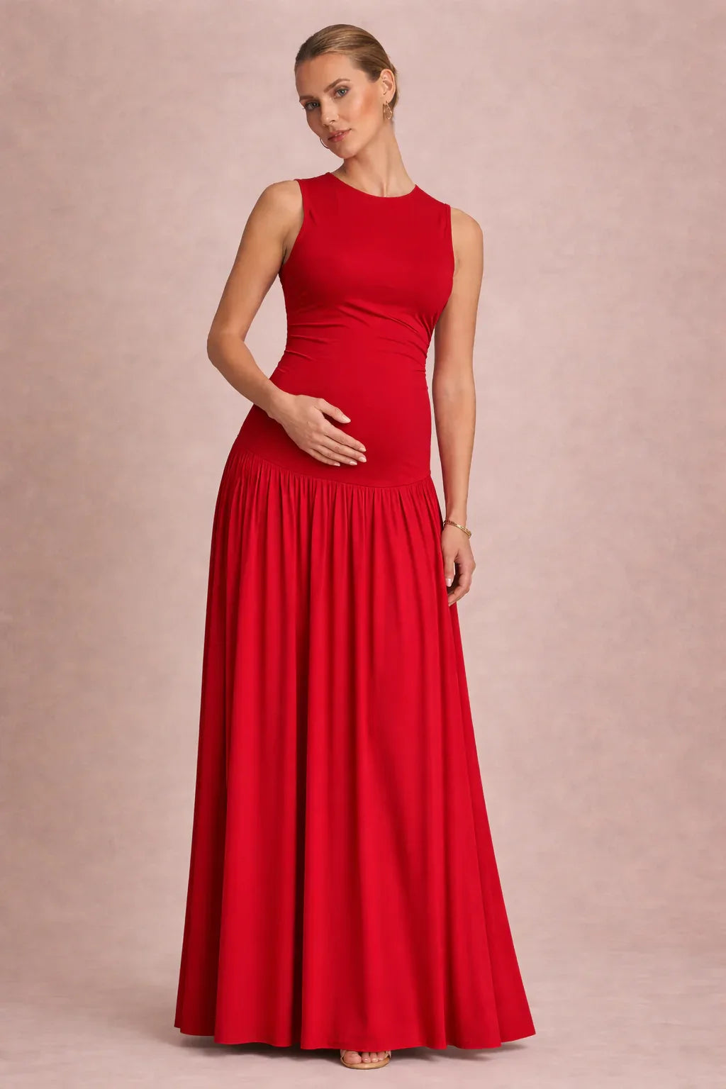 Maternity Maxi Dress – Sleeveless Round Neck Pleated Pregnancy Dress